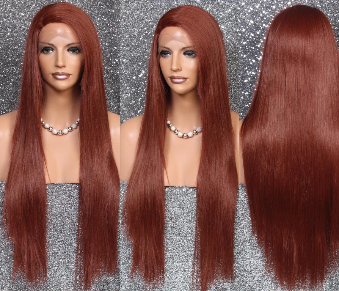 Sides Copper Red Human Hair Blend Hand Tied Long Lace Front Wig Heat Ok Center Mono Side Part Layered Straight Cancer/Alopecia/Cosplay