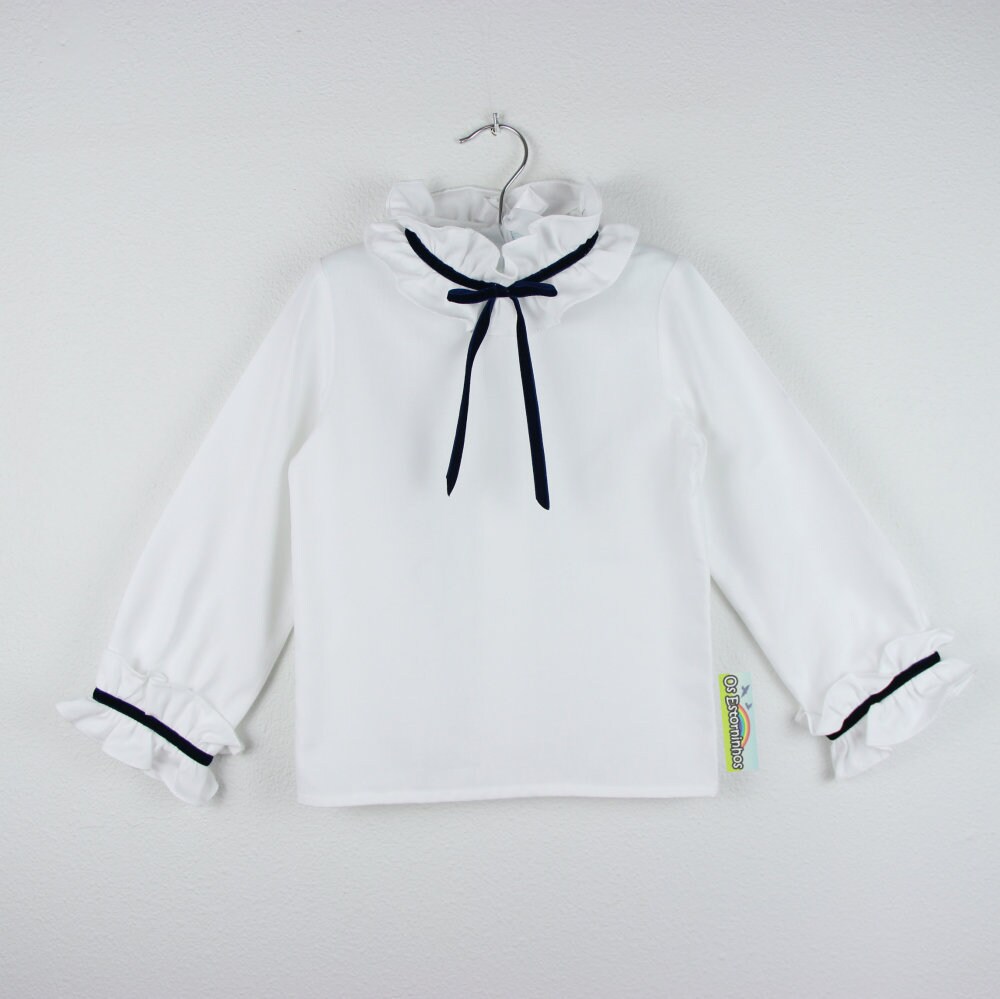 White Cotton Blend Soft & Warm Girl's Blouse With Victorian Collar - Bow Available in Various Colors