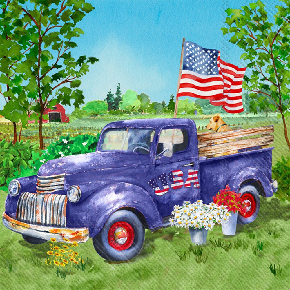 Patriotic Paper Luncheon Napkins, Blue Truck Pack Of 20, Summer Party Decor