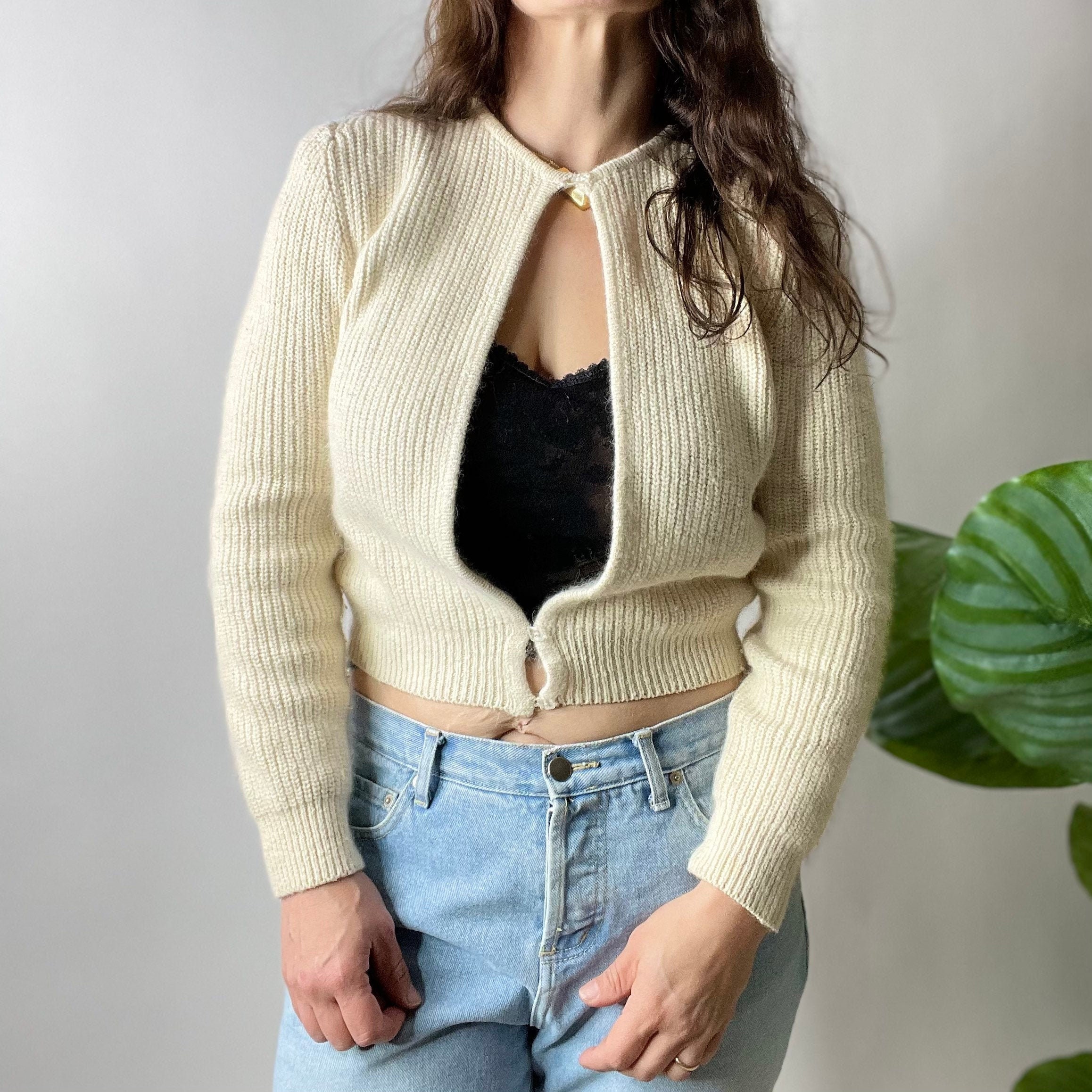Vintage Cream White Silk Angora Blend Open Cardigan Sweater, Size S