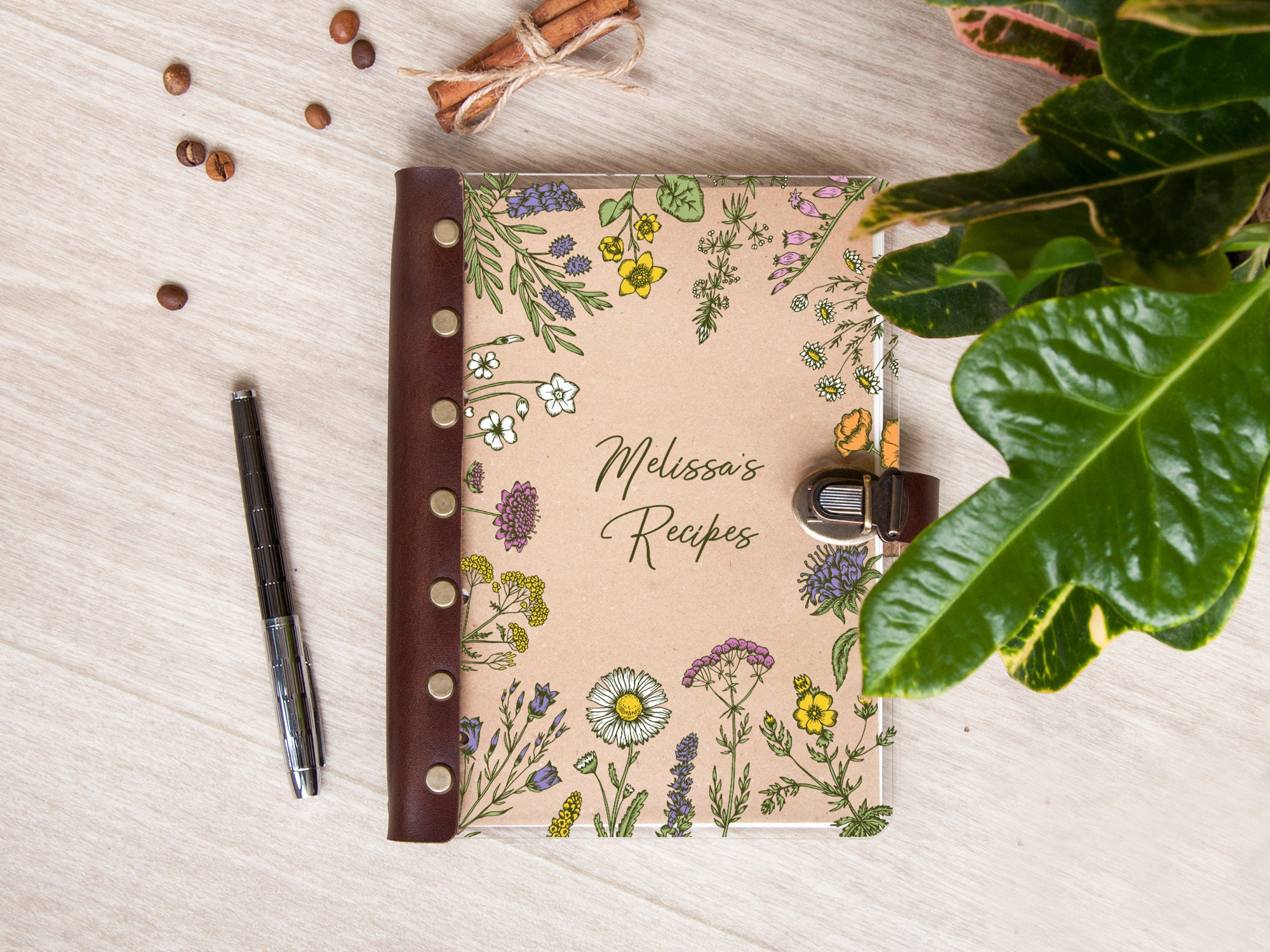 Customized Recipe Book Christmas Gift For Her Wild Flowers Personalized Cookbook Mom Rustic Journal Binder Anniversary