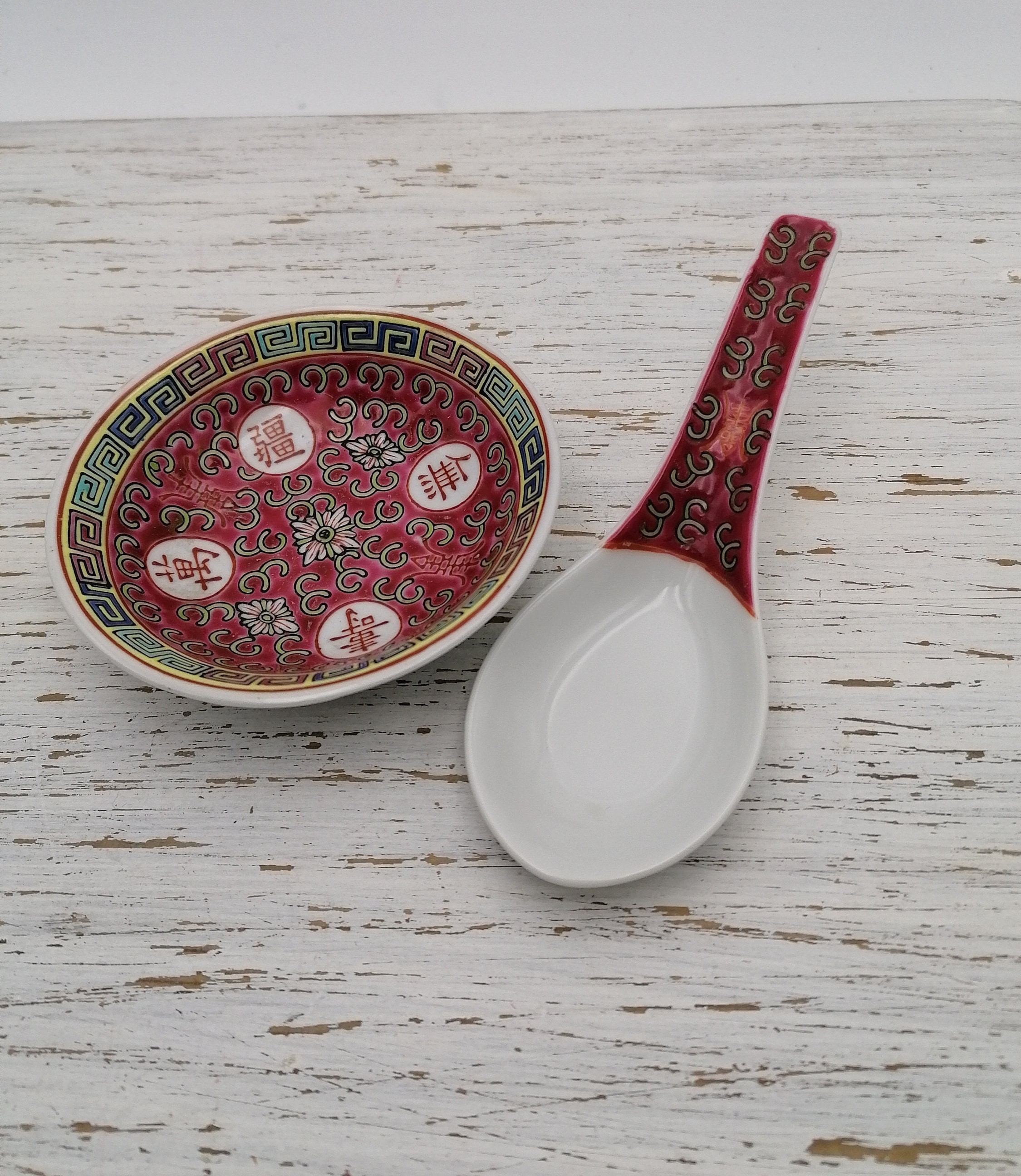 Small Pink Mun Shou Porcelain Chinese Rice Noodle Soup Bowl & Spoon, Set, Oriental Porcelain, Asian Kitchenware