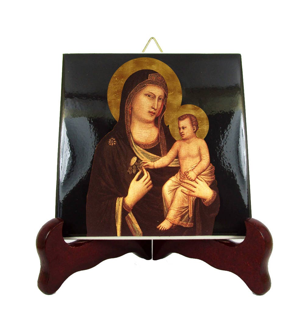 Christian Icon Of The Madonna & Child - Decorative Tile Religious Wall Hanging Depicting Virgin Mary From A Painting By Giotto
