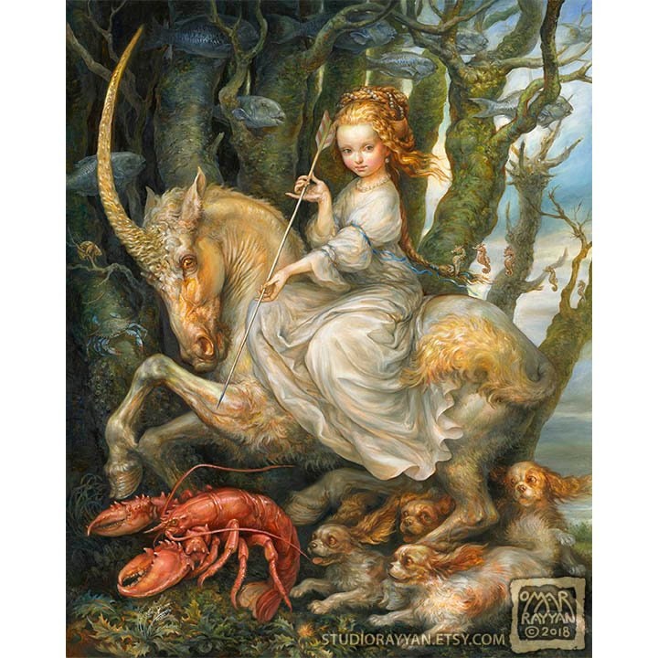 The Royal Lobster Hunt | Print Fantasy Art, Unicorn, Woman, Dogs, Spaniel, Pets, Seafood