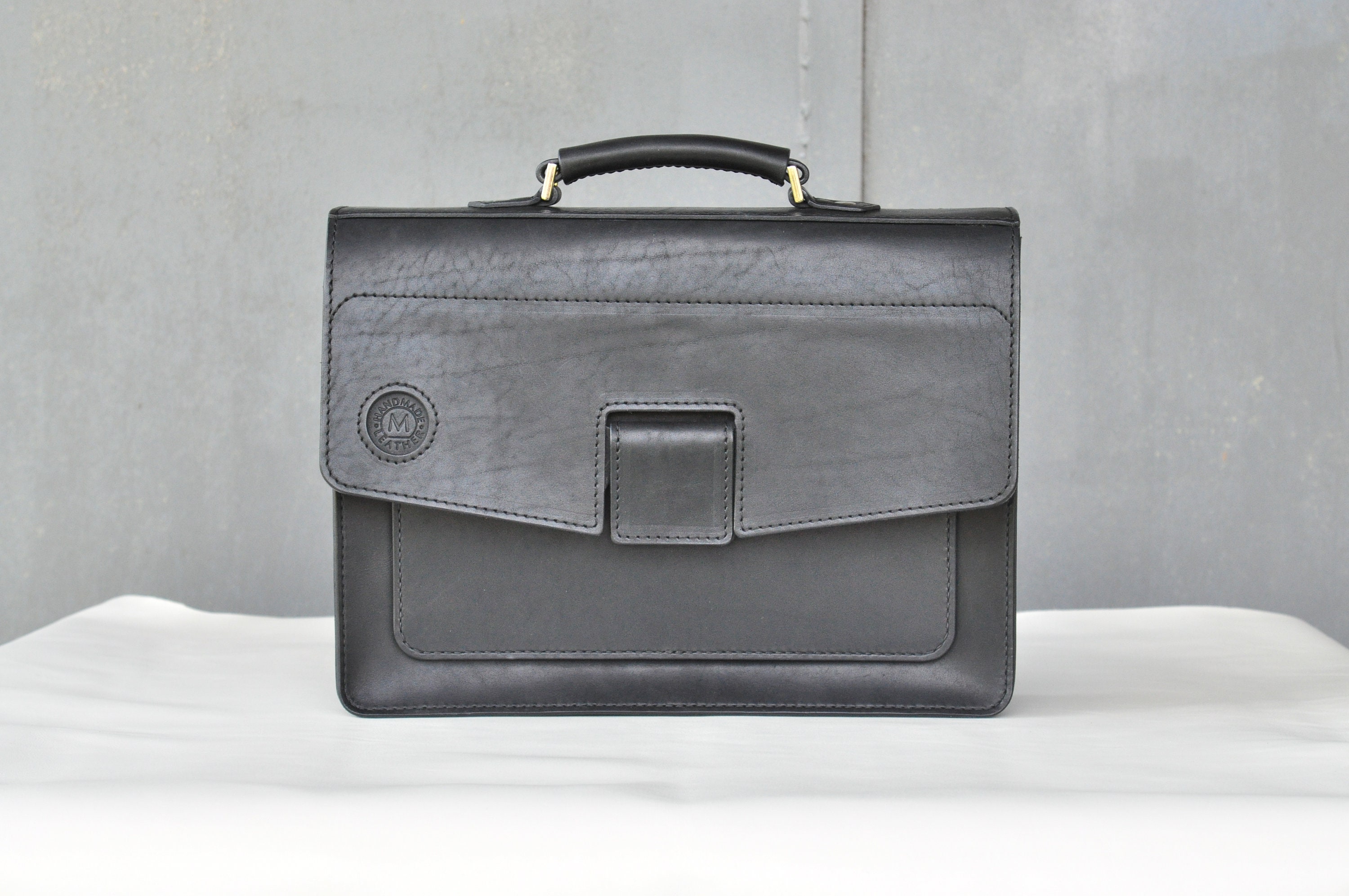 Discreet Bag - Briefcase, Black Genuine Leather Elegant Handmade Accessories Minimalist Fashion Small High-Quality Briefcase
