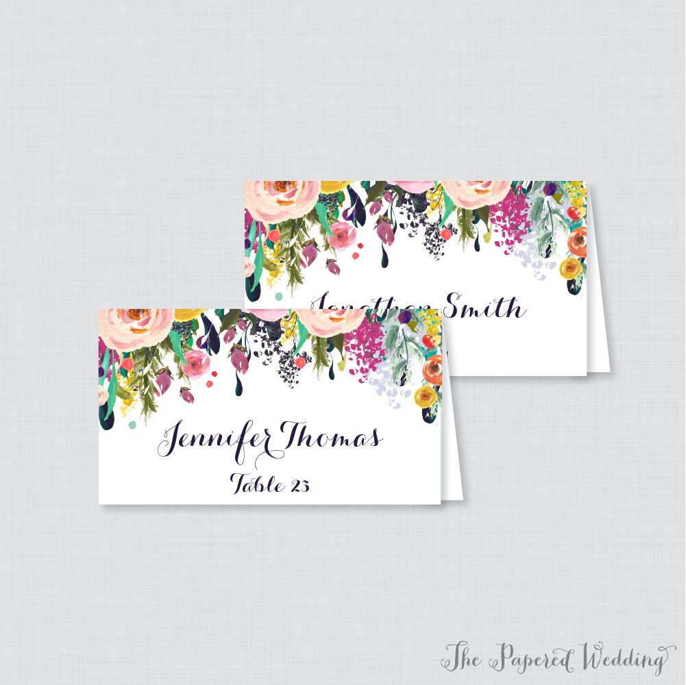 Printed Wedding Place Cards - Floral Table Cards, Colorful Flower Printable For 0003-B