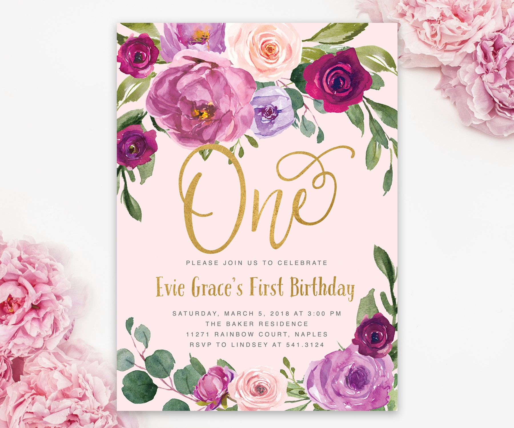 Girl First Birthday Invitation Girl's 1st Invite, Turning One, Birthday, Purple Flowers, & Pink Florals - Evie