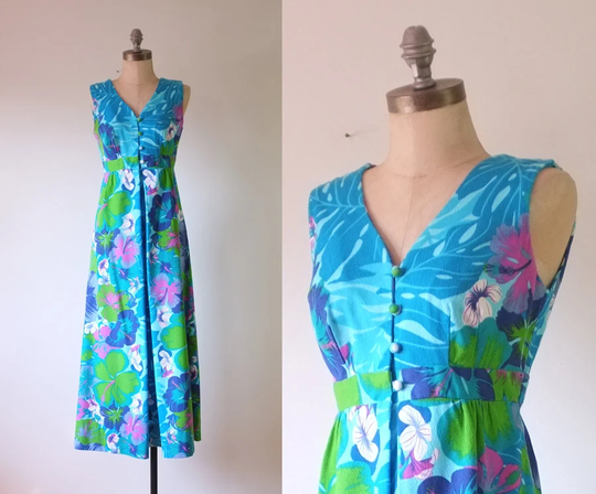 Buy Vintage Hawaiian Dress | 1970S Floral Hibiscus Blue Maxi Online