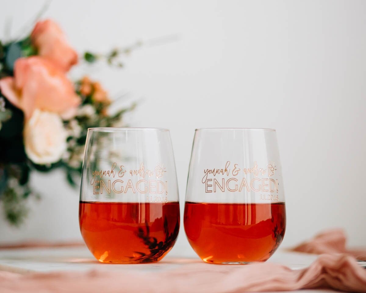 Personalized Engaged Stemless Wine Glasses | Set Of Two Custom Engraved Couples Glass, Newly His & Hers Glass