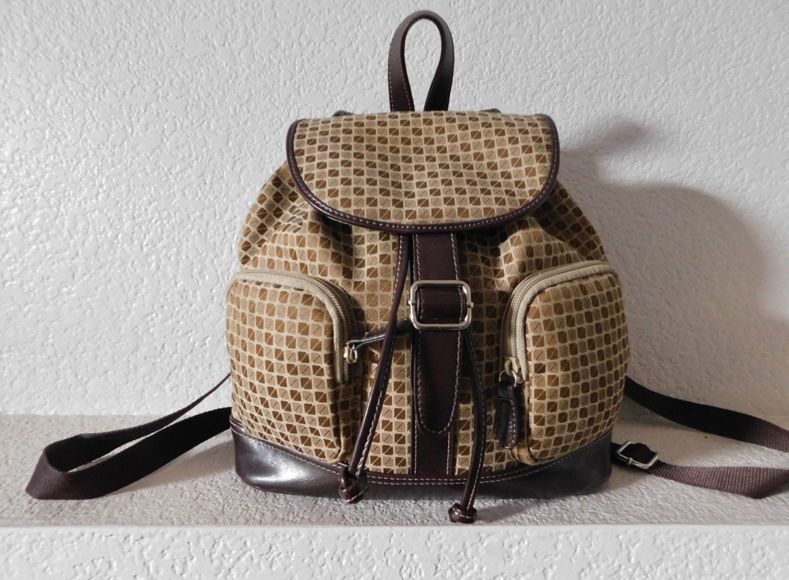 Nine & Co Cotton Blend Canvas Backpack/Many Compartments Very Cute Backpack/Brown Square Draw Strings Backpack