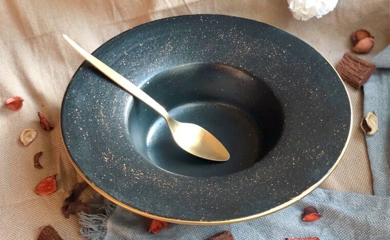 Matt Black Pasta/Soup Bowl With Gold Speckles Rim - Elegant Handmade Ceramic Dinnerware