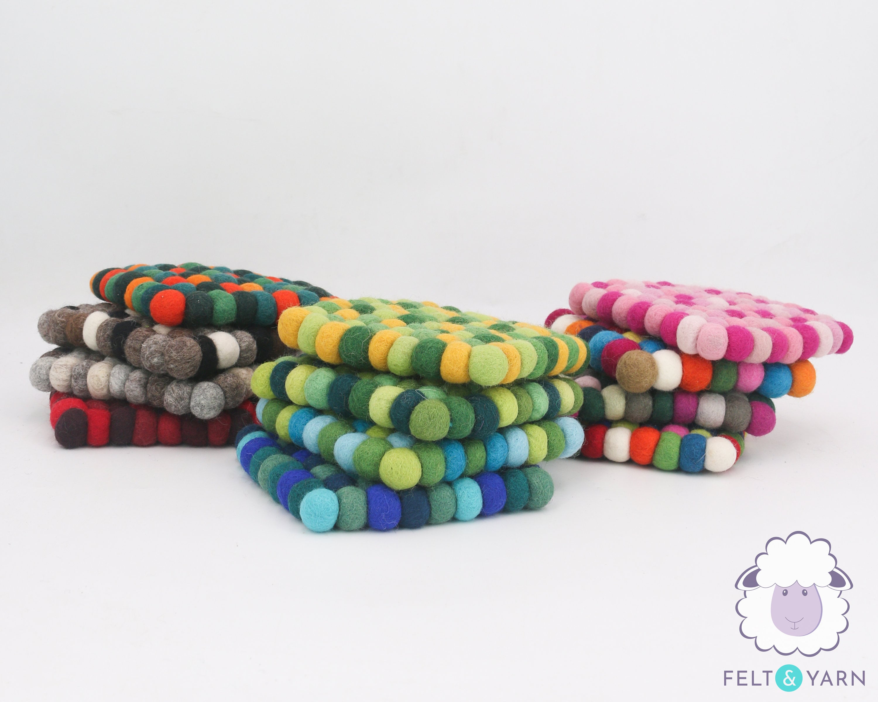 15cm Bright Color Wool Felt Ball Trivet 4 Pieces Set For Dinning Table Tea Accessories & Kitchen Decor Handmade & Fair Trade
