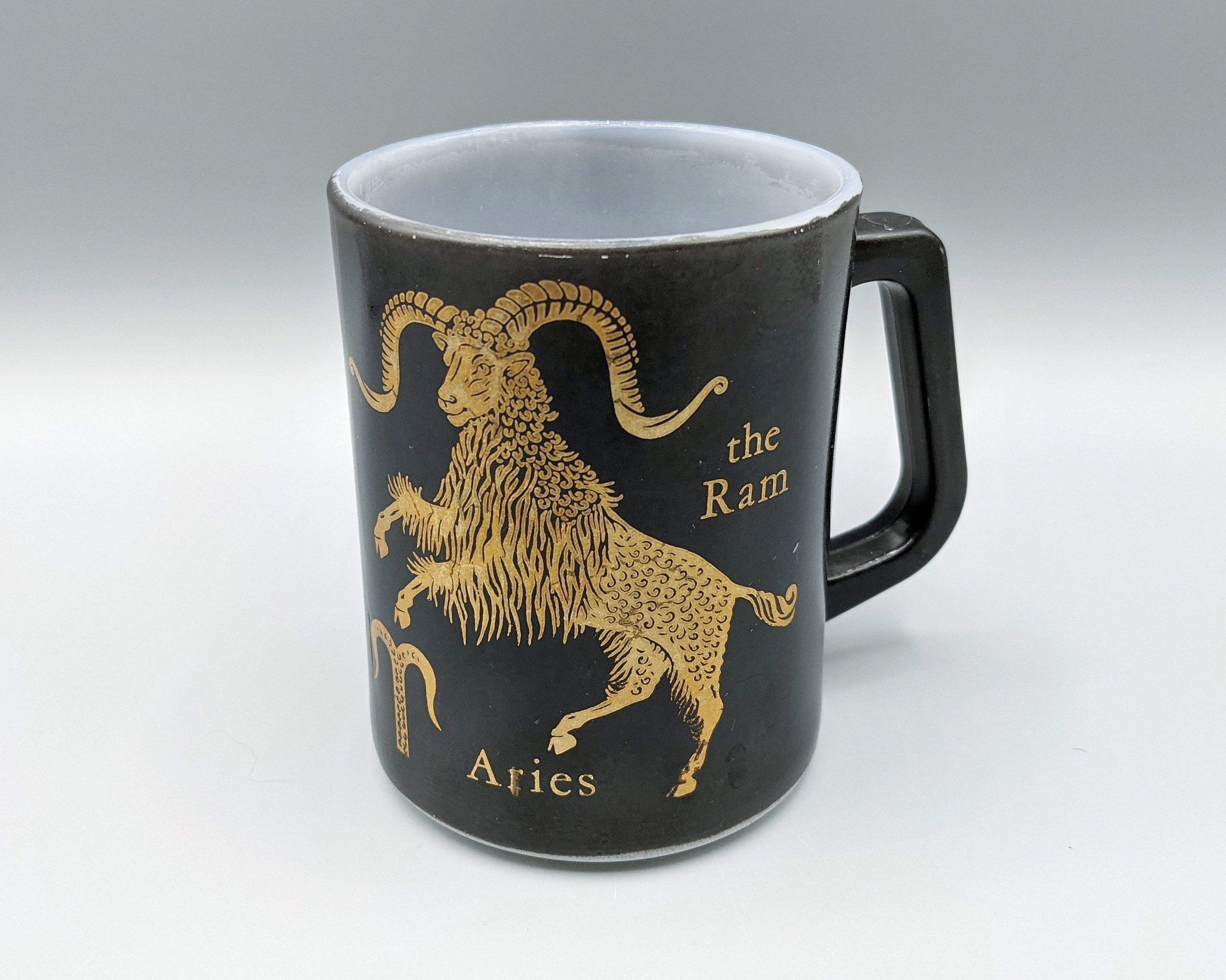 Vintage Coffee Mug/Federal Glass Milk Ceramic Black Gold Zodiac Aries Ram Cup
