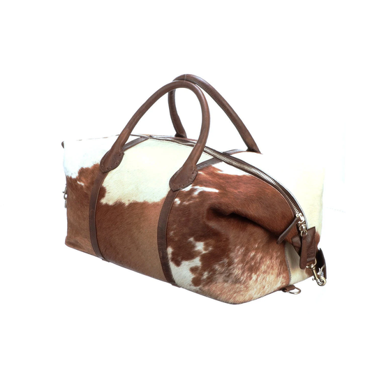 Cowhide Duffel Bag Large popular Travel Bag Genuine Leather Weekend Bag in Brown & White