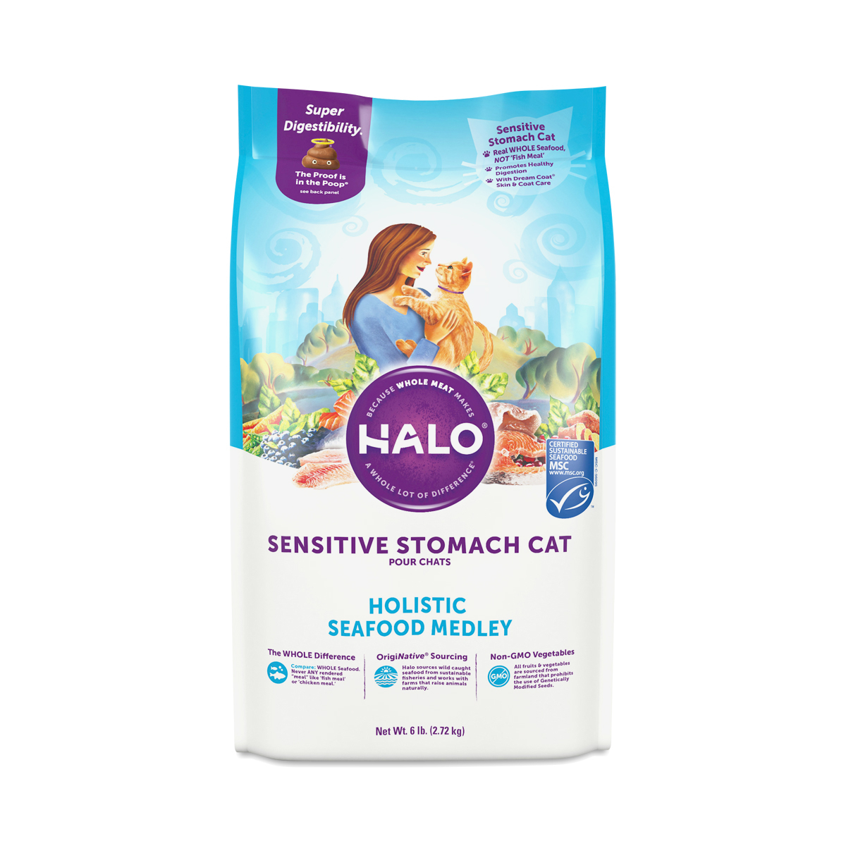 Halo Sensitive Stomach Dry Cat Food for Adult Cats, Seafood Medley 6 lb bag