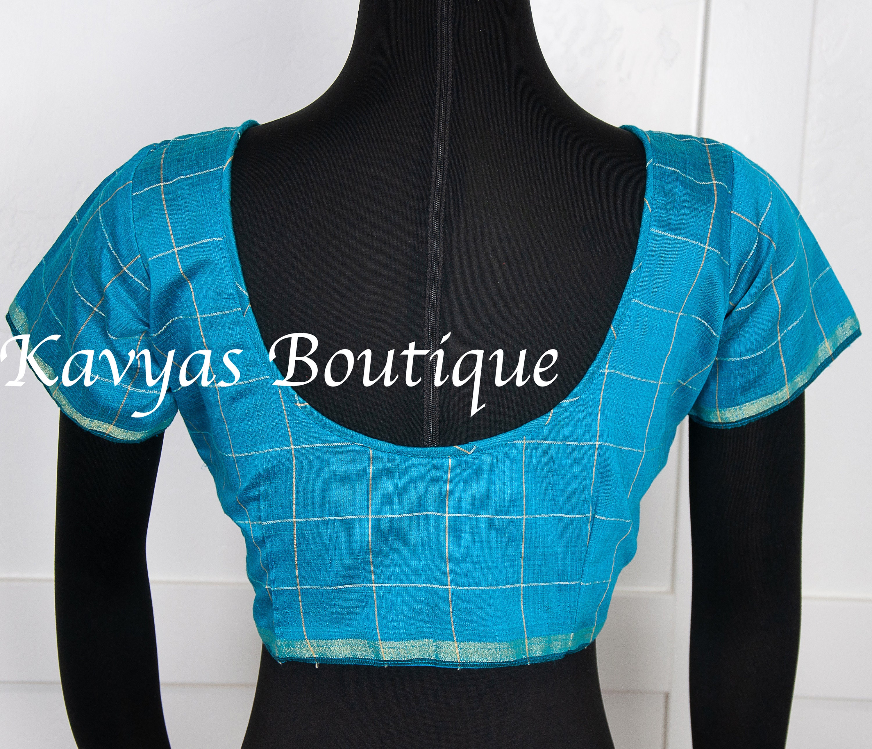 Blue Checked Cotton Blend Blouse in Size 36 | Readymade Saree Kavya's Boutique Ships From Usa