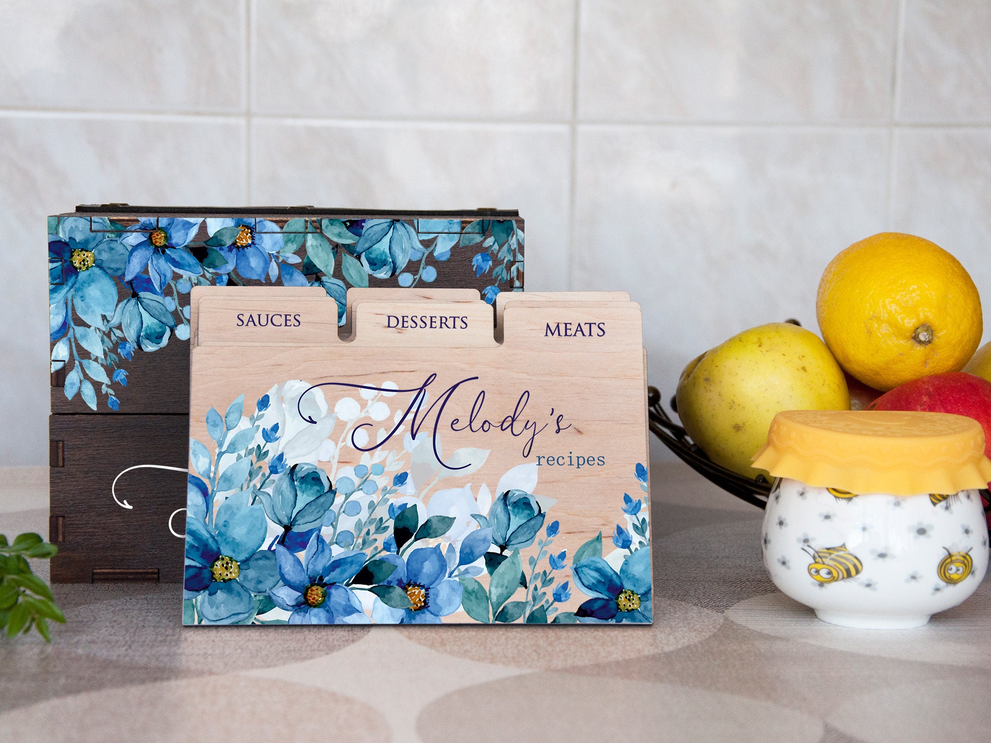 Personalized Recipe Box With Floral Dividers Mothers Day Gift For Mom Wood Card Daughter Blue Kitchen Decor Wife