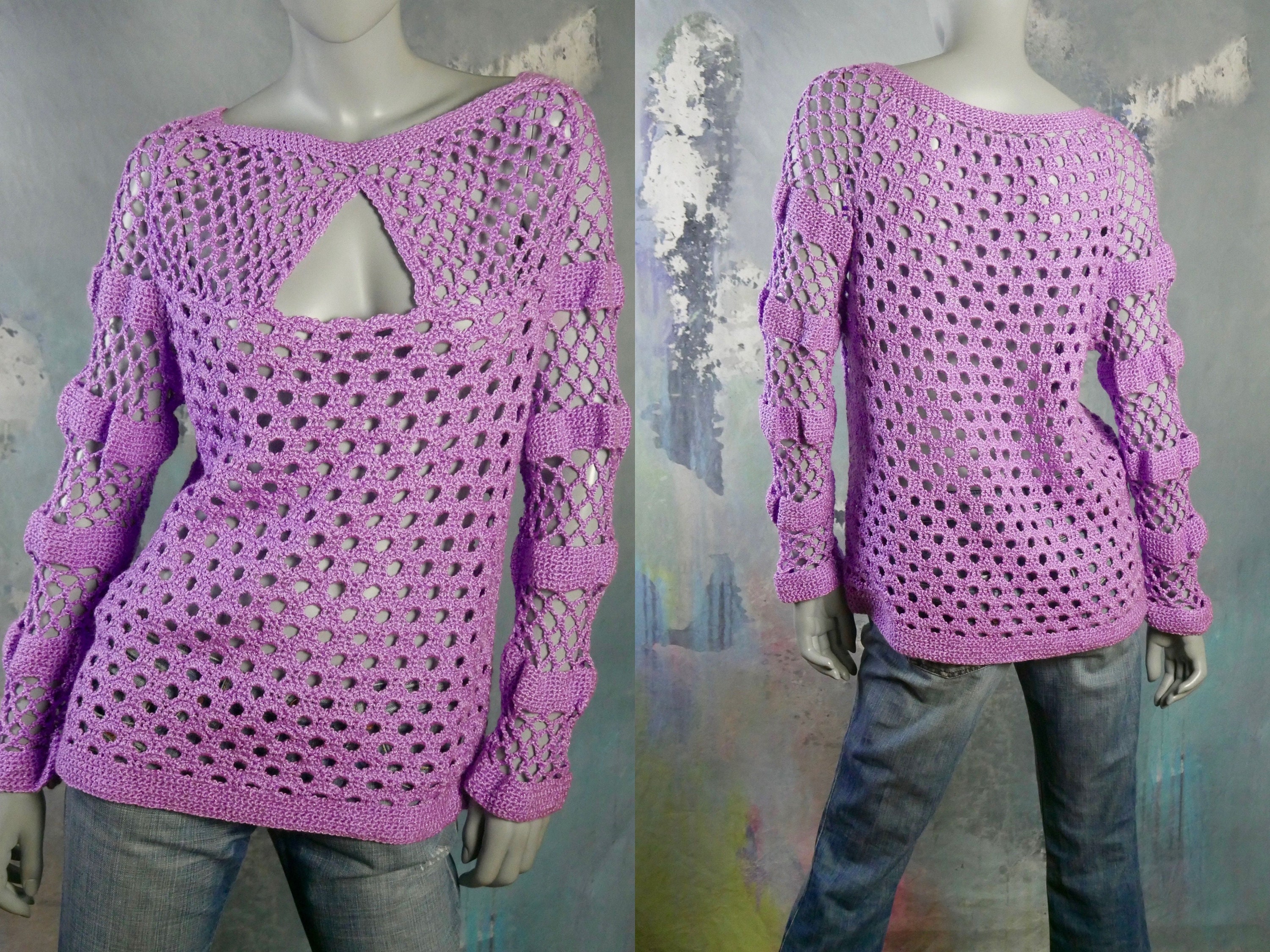 Lilac Purple Crochet Sweater, 1990S European Vintage Pullover Jumper Size 12 Us, 16 Uk