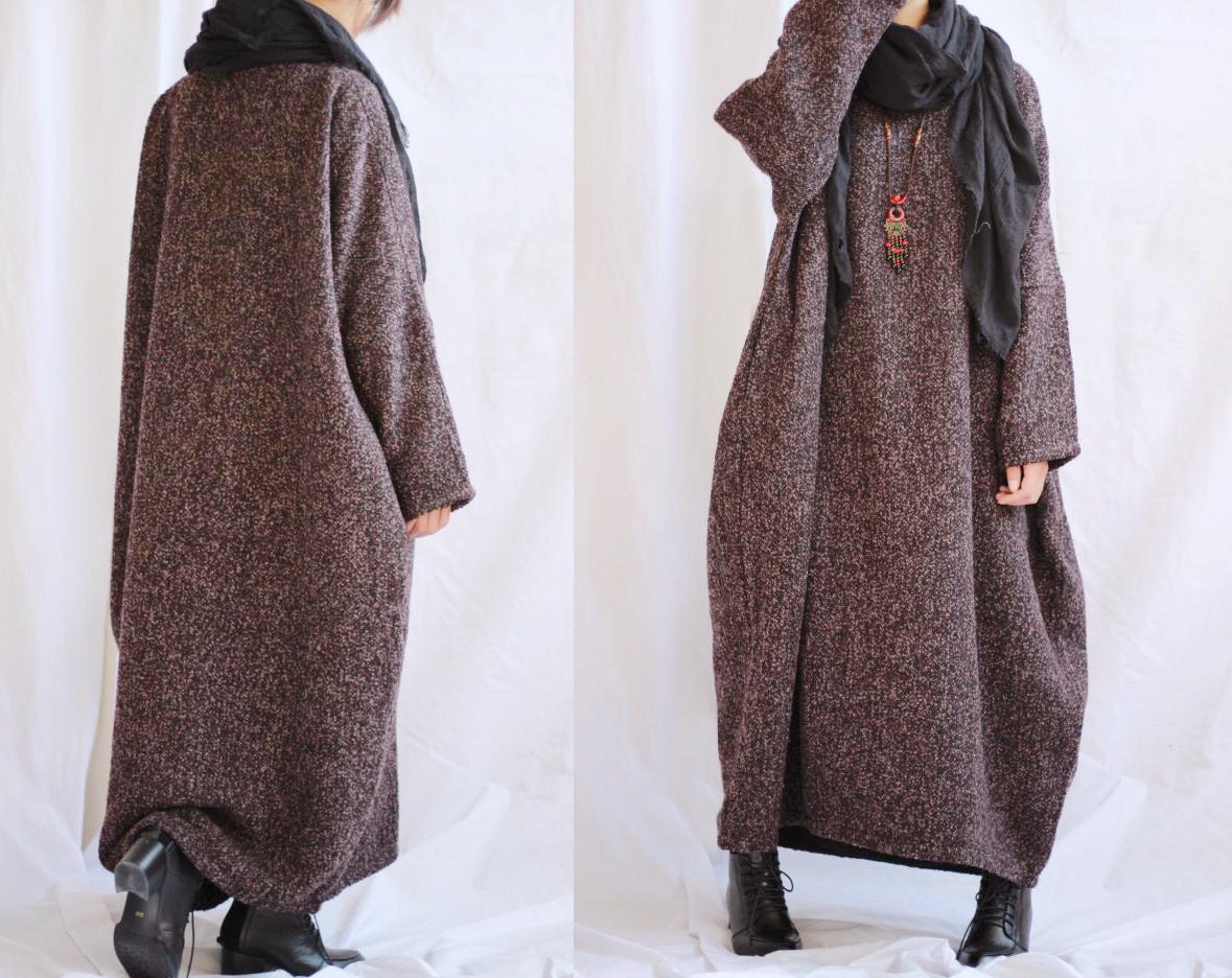 Free Style Wool Blend Knitted Long Dress/Asian Style/Cocoon Shape/ 15 Colors/ Ramies