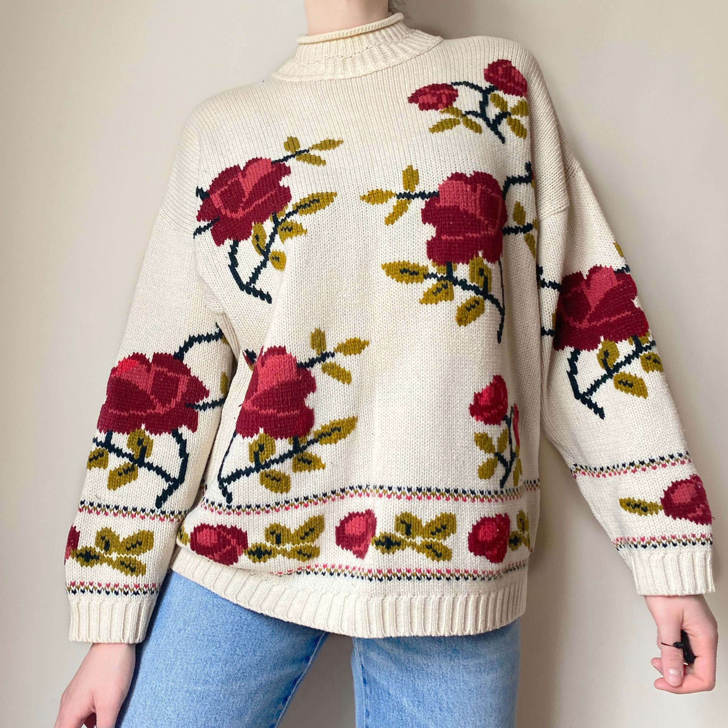 Vintage 90S Kokkai Scenic Wool Blend Rose Print Cream Sweater/Crewneck High Neck