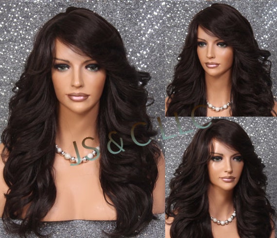 Brown Human Hair Blend Long Full Luscious Heat Ok Wavy Wig Romantic Feathered Sides Bangs Layers Of Beautiful Cancer Alopecia Active