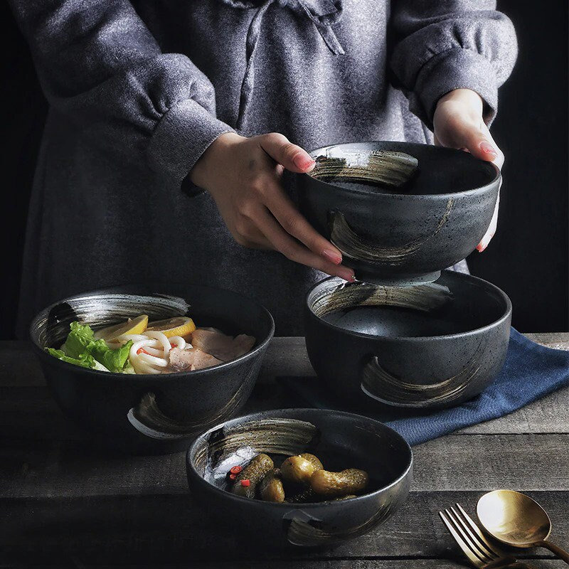 Japanese Black Brush Style Ceramic Ramen Bowl | Handmade Original High Quality Noodle Set Matte Asian Tableware