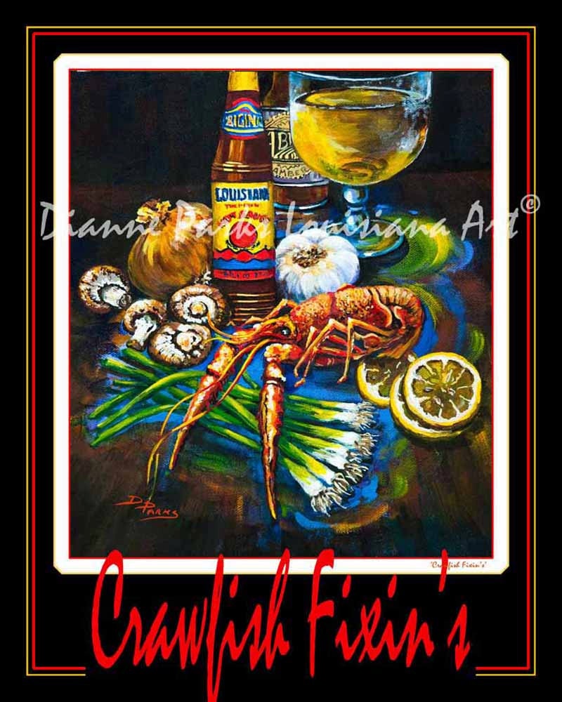 New Orleans Art Poster Crawfish Fixin's - Boiled Crawfish, Louisiana Hot Sauce, Seafood Print Kitchen Gift On Paper Or Metal"
