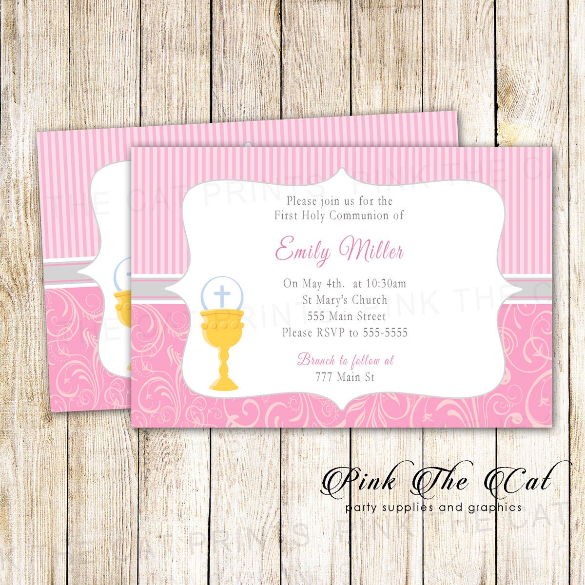 Chalice 1st Communion Invitation - Pink Silver Printable Girl Template