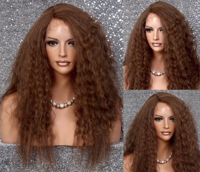 Textured Wavy Human Hair Blend Heat Ok Lace Front Wig Full Body With Baby Hair Brown Auburn Mixed Cancer Alopecia Theater
