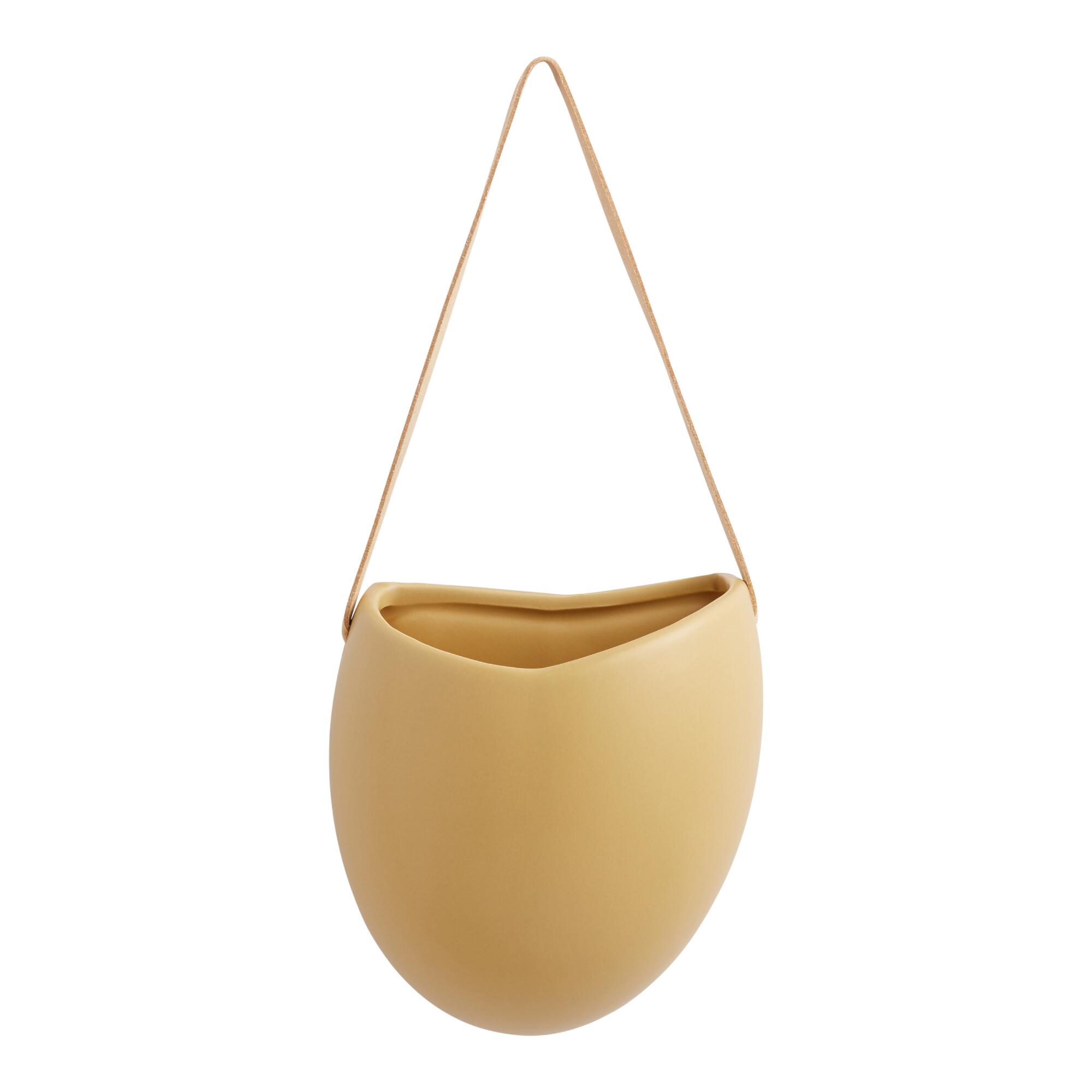 Ochre Ceramic Hanging Wall Planter With Leather Strap: Yellow by World Market