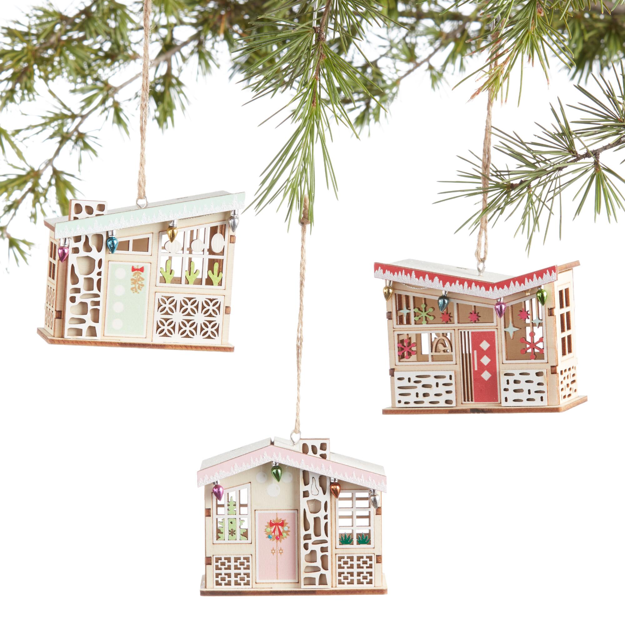 Woodcut Mid Century Modern House Ornaments Set of 3: Multi by World Market