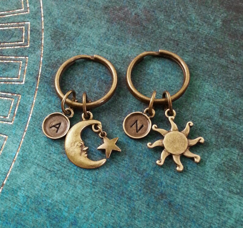 Sun Keychain Set Of Small & Moon Keychains Bronze Celestial Star Brass Friendship Best Friends