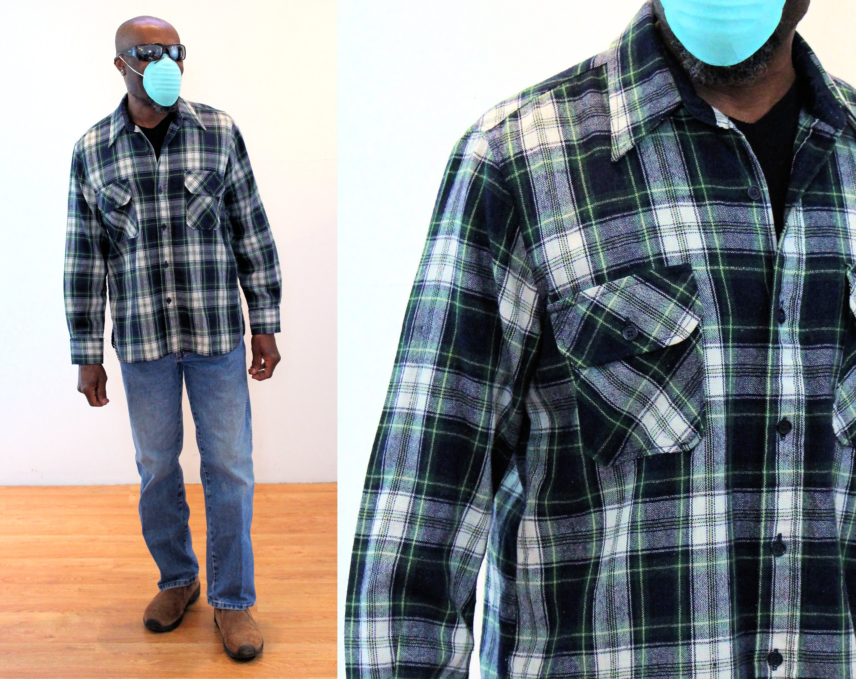 80S Wool Blend Plaid Shirt M, Men's Vintage Green Tartan Button Up Pine Trail, Medium"