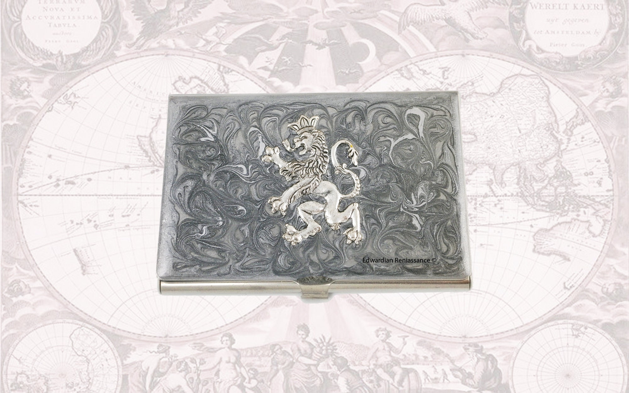 Rampant Lion Business Card Case Inlaid in Hand Painted Silver Swirl Design Medieval Lannister Inspired With Personalized & Color Options