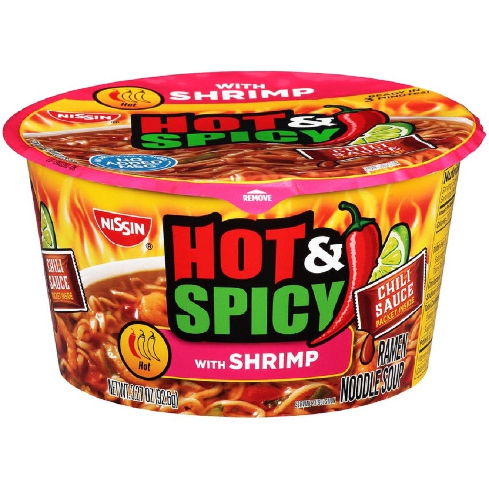 Nissin Ramen Noodle Soup, Hot & Spicy Shrimp - 3.27 oz