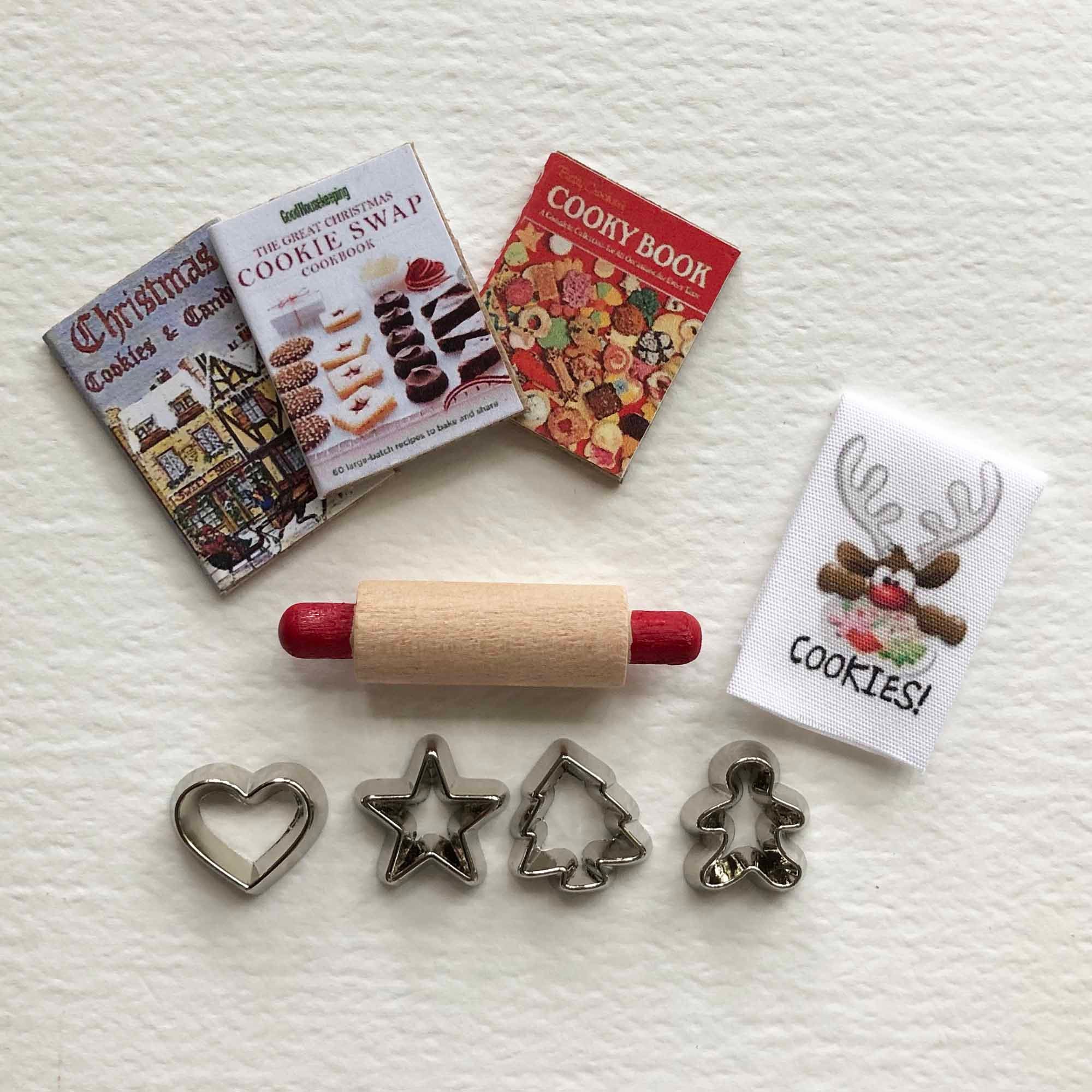 Miniature Nine Piece Christmas Cookie Baking Set 1/12 Scale With Cook Books Cutters Rolling Pin Reindeer Tea Towel