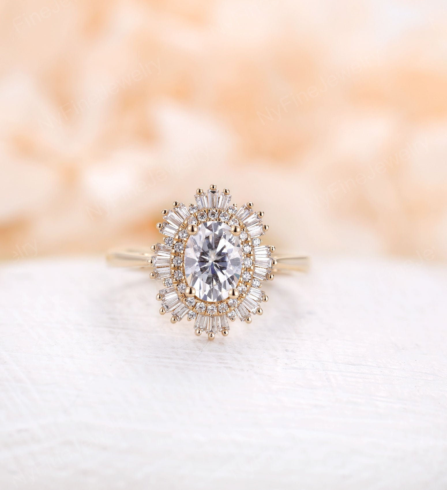 Vintage Moissanite Engagement Ring, Art Deco Ring, Solid Yellow Gold Ring, Cz/Diamond Ring, Baguette Cut Ring, Oval Prong Set Ring