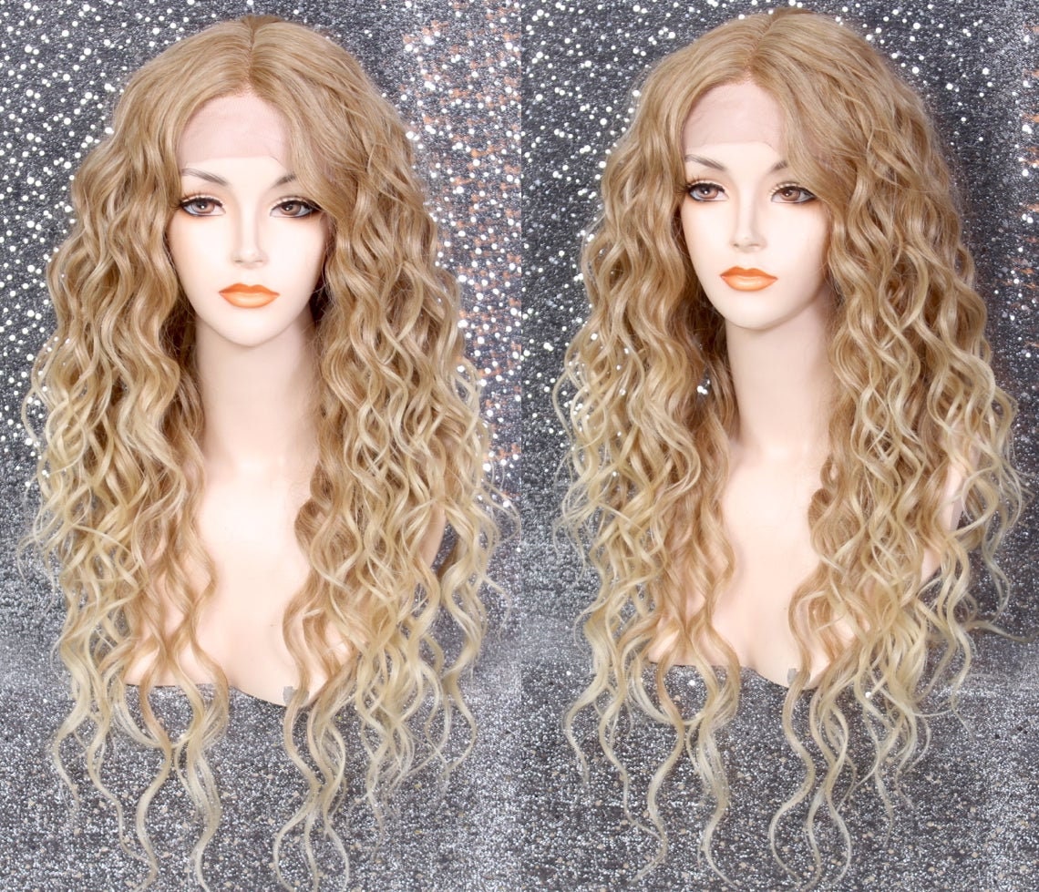 Blonde Mix Human Hair Blend Lace Front Wig Heat Safe California Curls Center Hand Tied Part Long & Layered Cancer Alopecia Theater