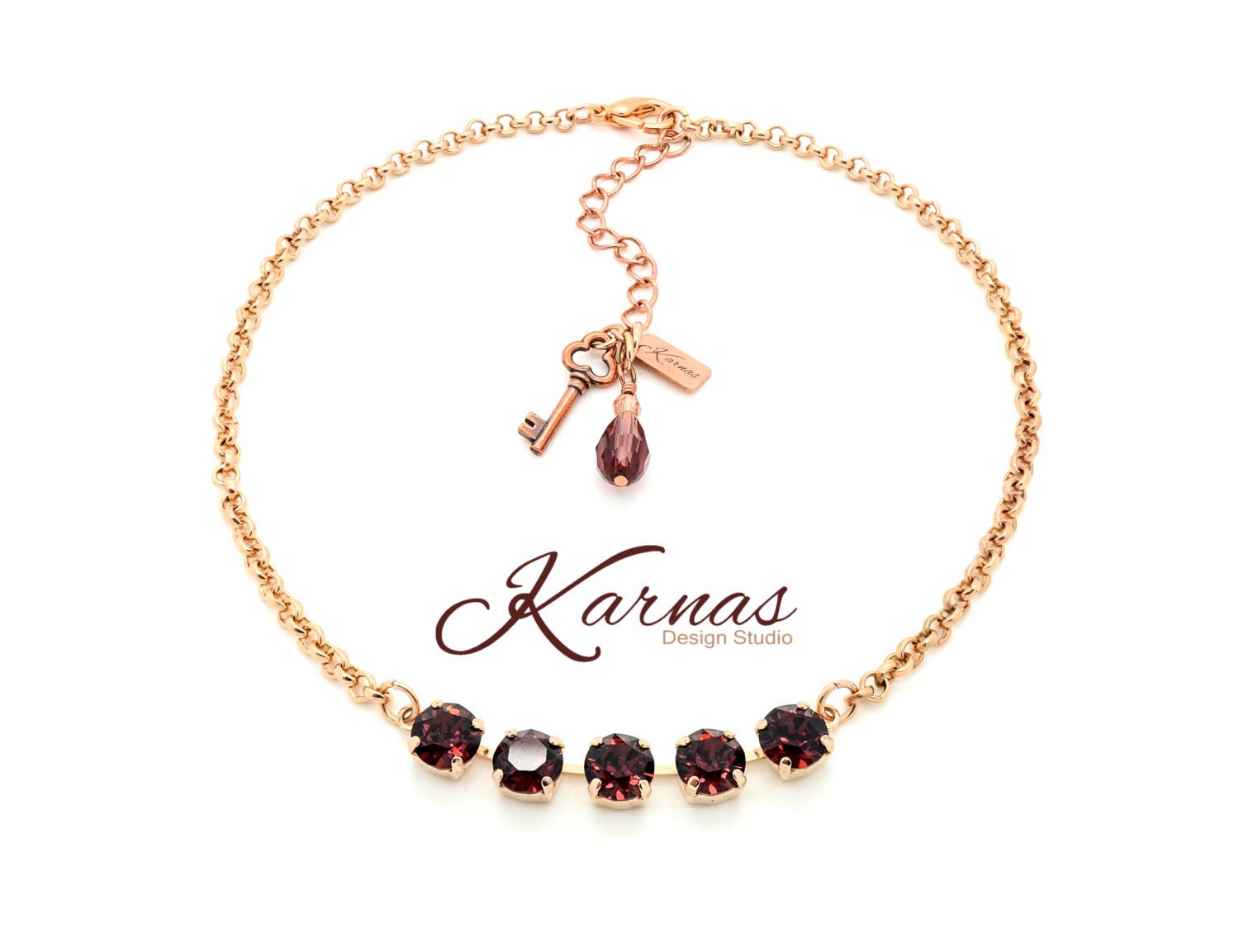 Burgundy 8mm Crystal Chaton Necklace K.d.s. Premium Pick Your Finish Karnas Design Studio Free Shipping