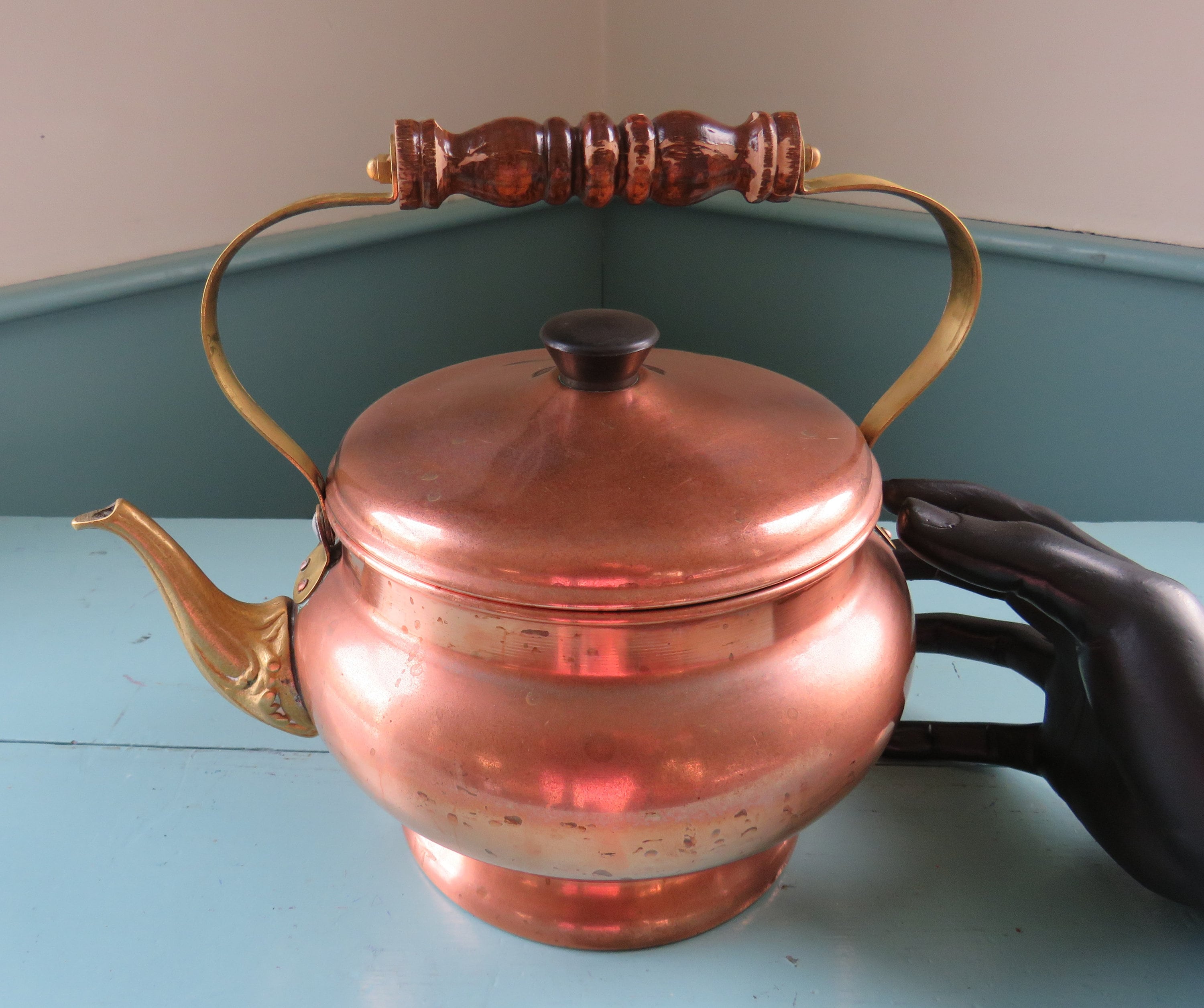 Large Copper Kettle With Hinged Handle, Italy, Holds Over 1/2 Gallon Rame Kupper