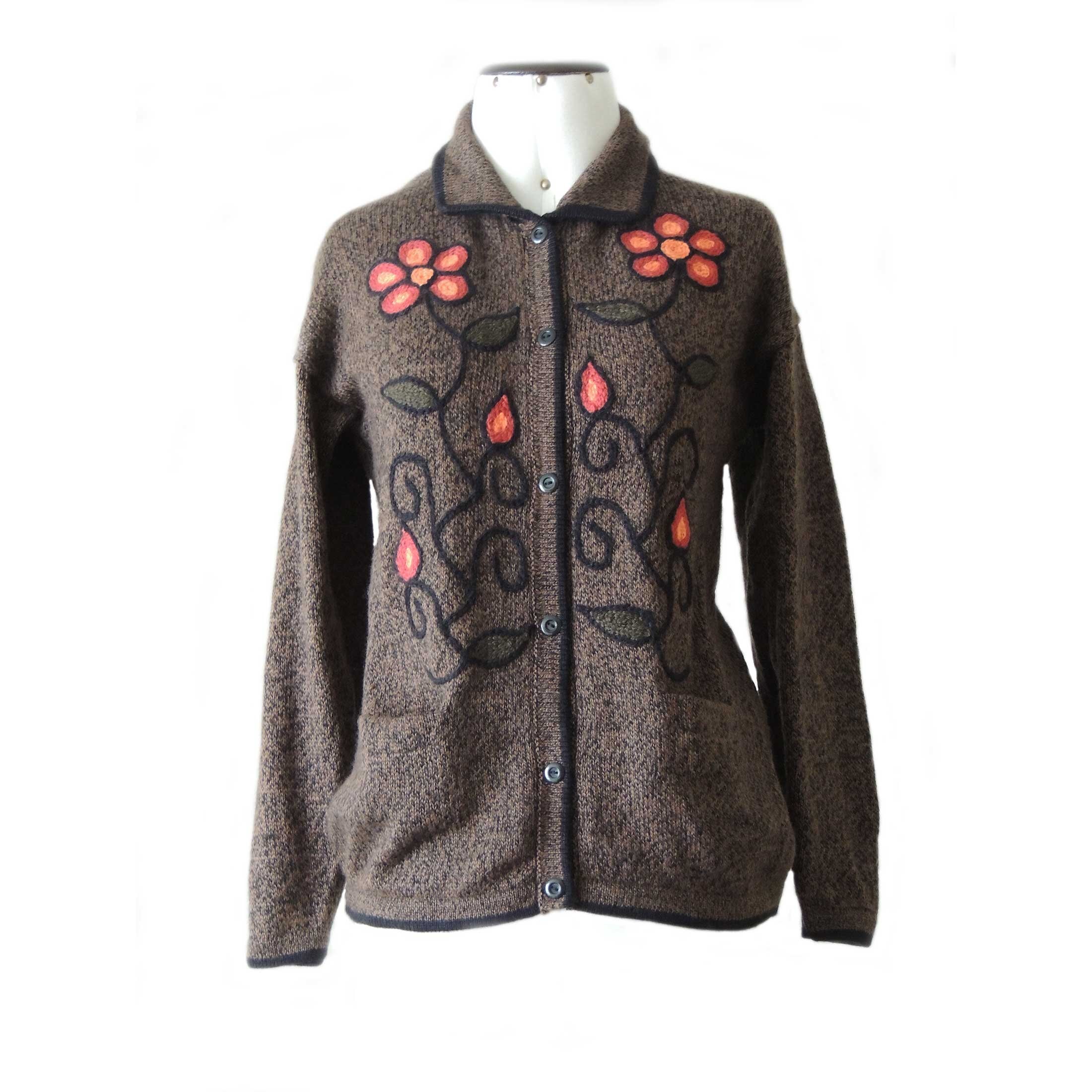 Womens Cardigan Alpaca Wool Blend With Embroidered Flowers