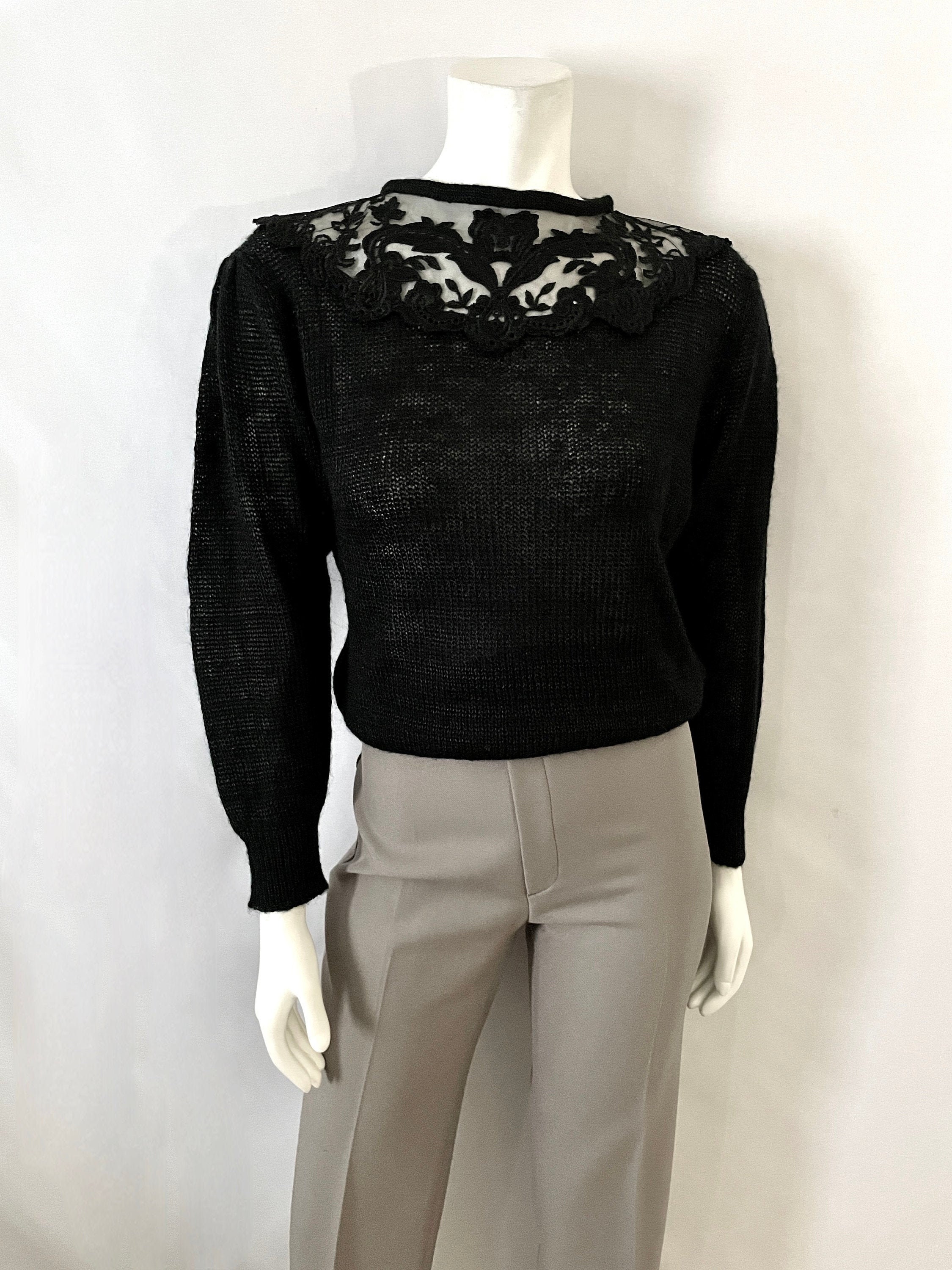 Vintage Women's 80's Black Acrylic Blend, Floral, Lace, Sweater By Andene | M