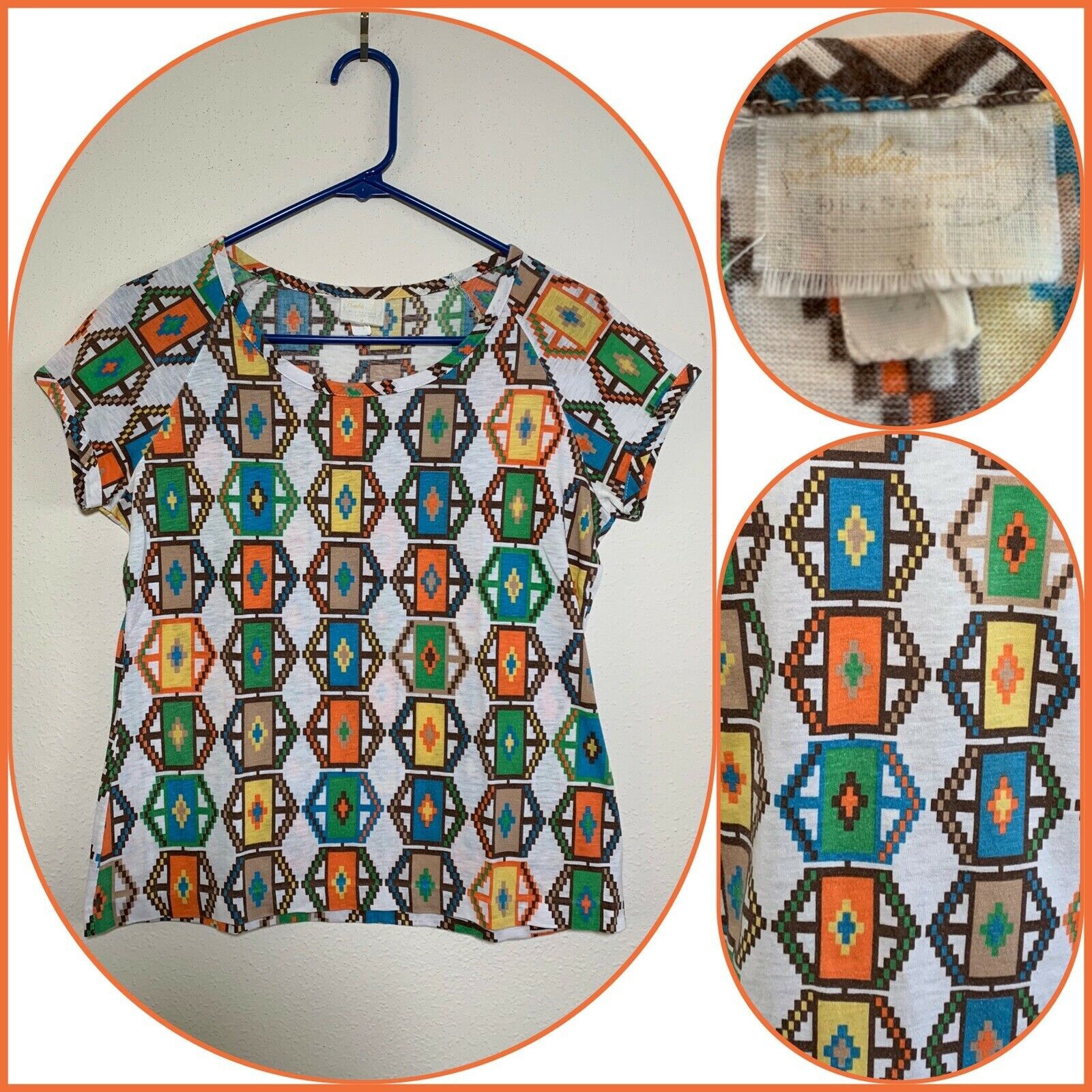 70S Beeline Aztec Rainbow Cotton Blend T Shirt Southwestern Geometric Print Saltillo Huipil Boho Summer Beach Swim Surf Serape Tee