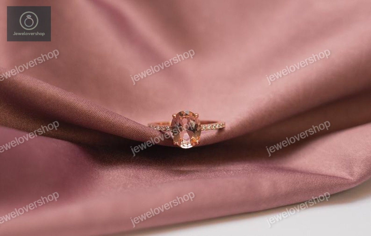 Vintage Morganite Engagement Ring 10x8 Mm Oval Cut Wedding Band Anniversary Promise Bridal Rose 14K Gold