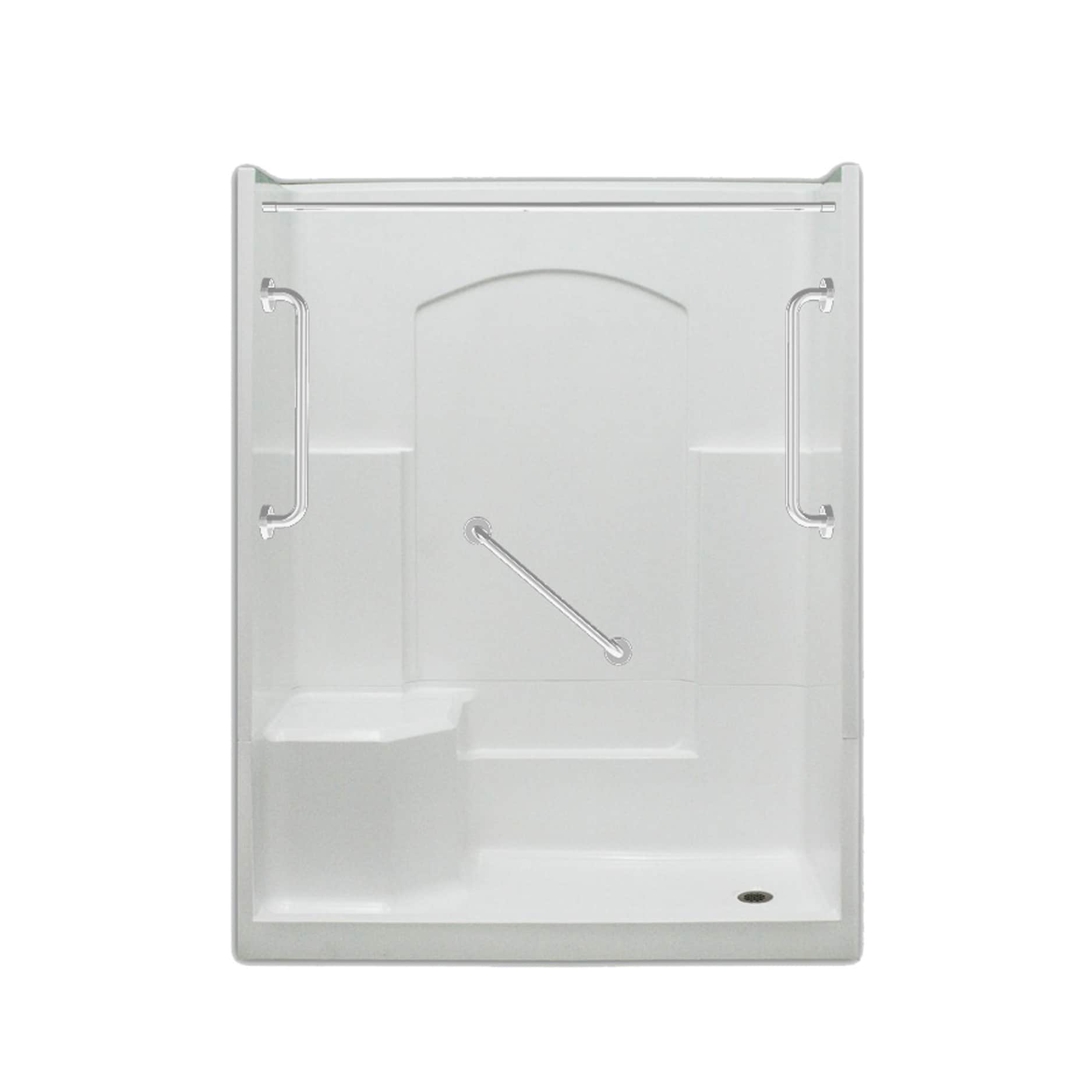 Laurel Mountain Ramer Low Threshold White 77-in x 32-in x 60-in Alcove Shower Kit with Integrated Seat (Right Drain) Stainless Steel