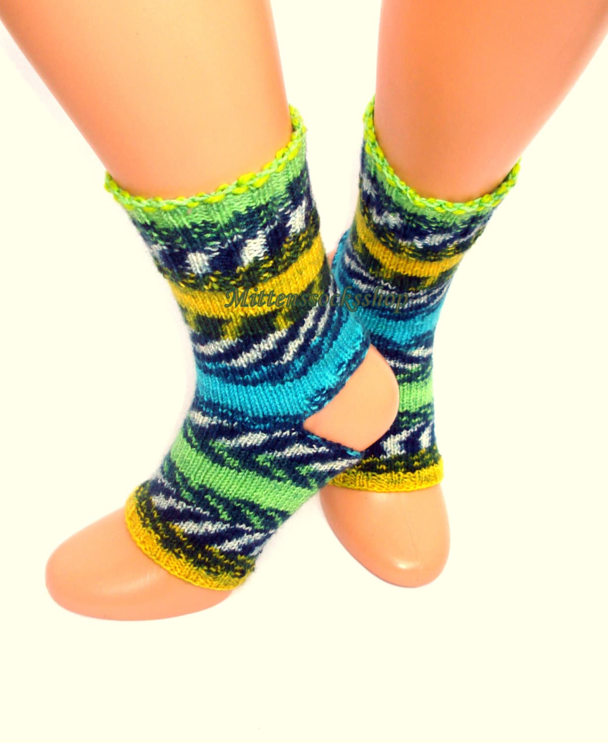 Green Blue Yellow Hand Knit Yoga Socks Women's Dance Summer Leg Warmers Feet Flip Flop