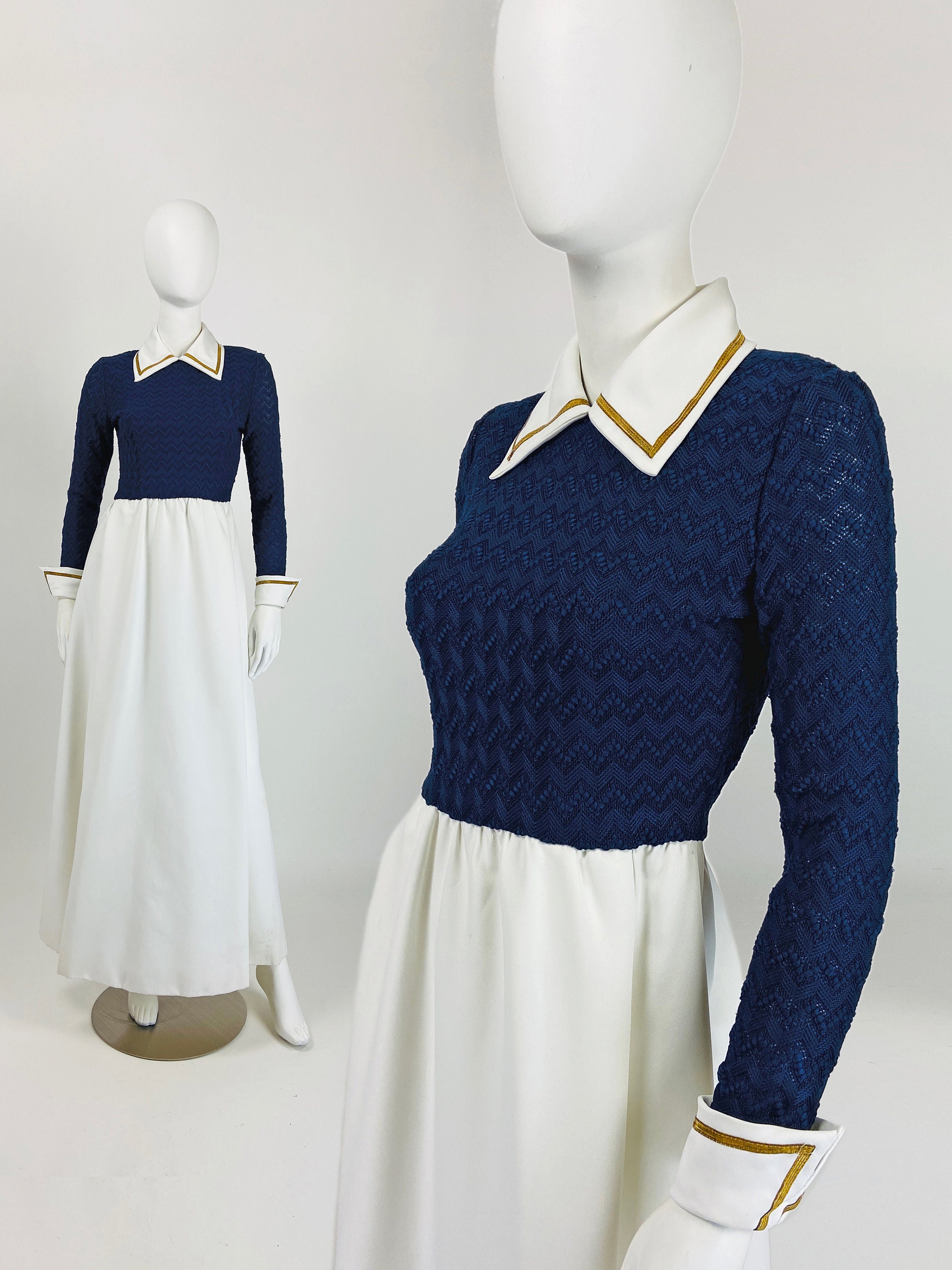 Vintage 70S Sailor Dress, Mod Maxi Nautical Layered Party Navy Blue Small Size 4 Us, 8 Uk B018