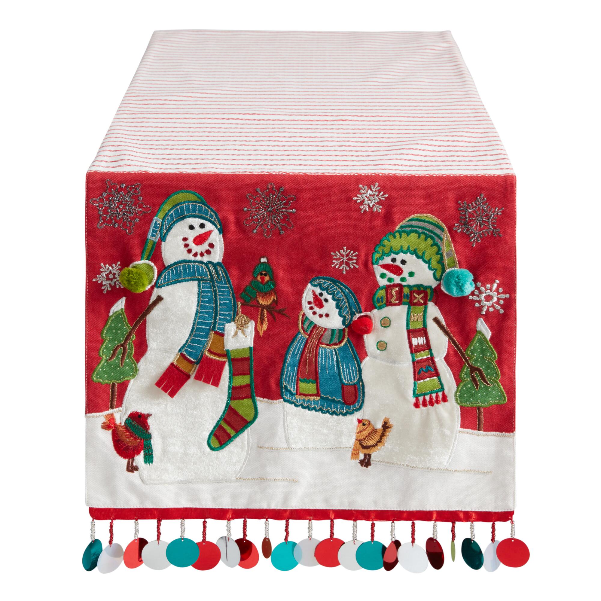 Pier Place Embroidered Snowman Table Runner: Multi - Cotton by World Market