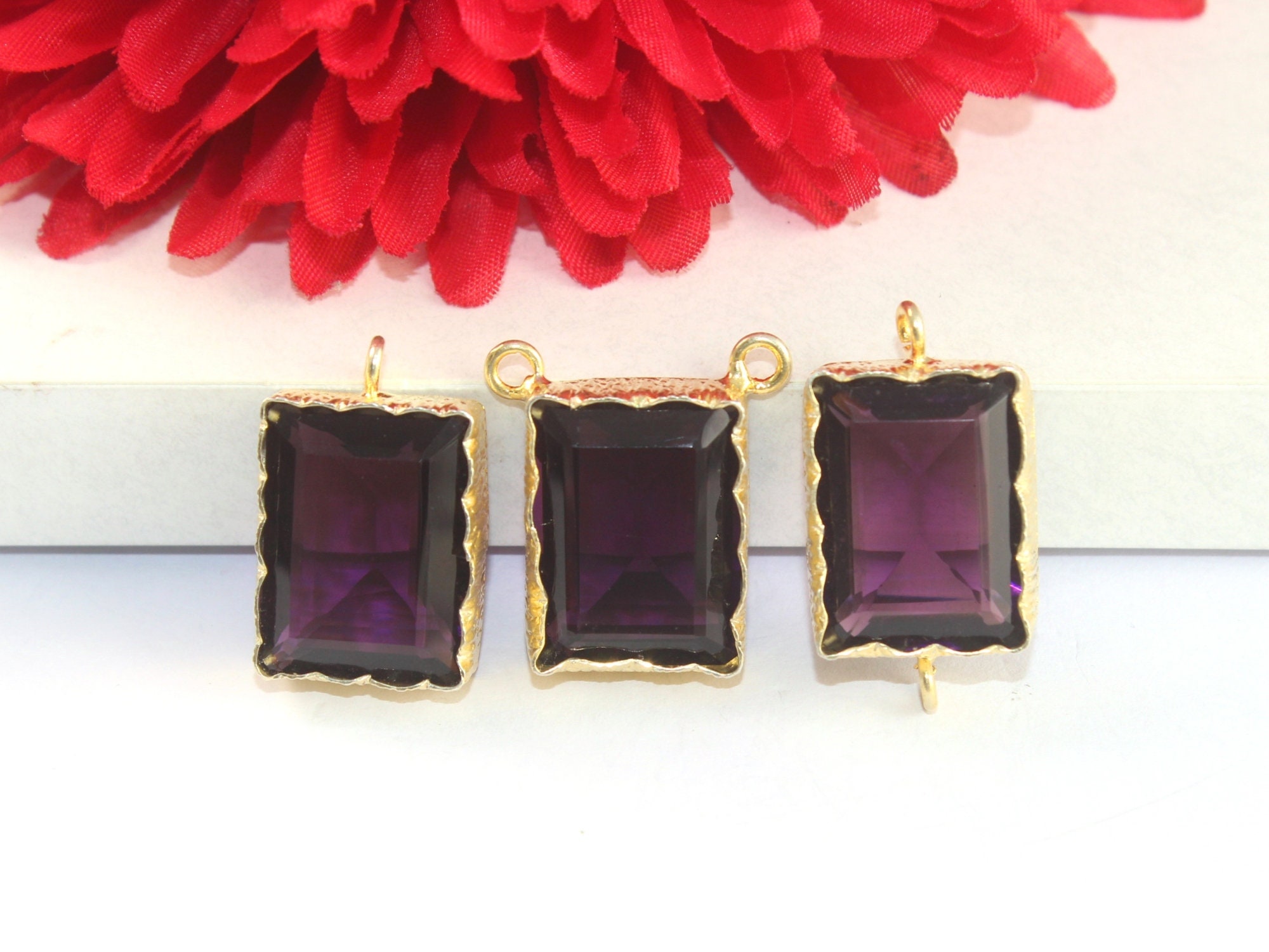 Amethyst Connector & Charm Pendant/19x15mm 22Kt Gold Plated Gemstone Earrings Bezel Set Pendants Jewelry Making Component