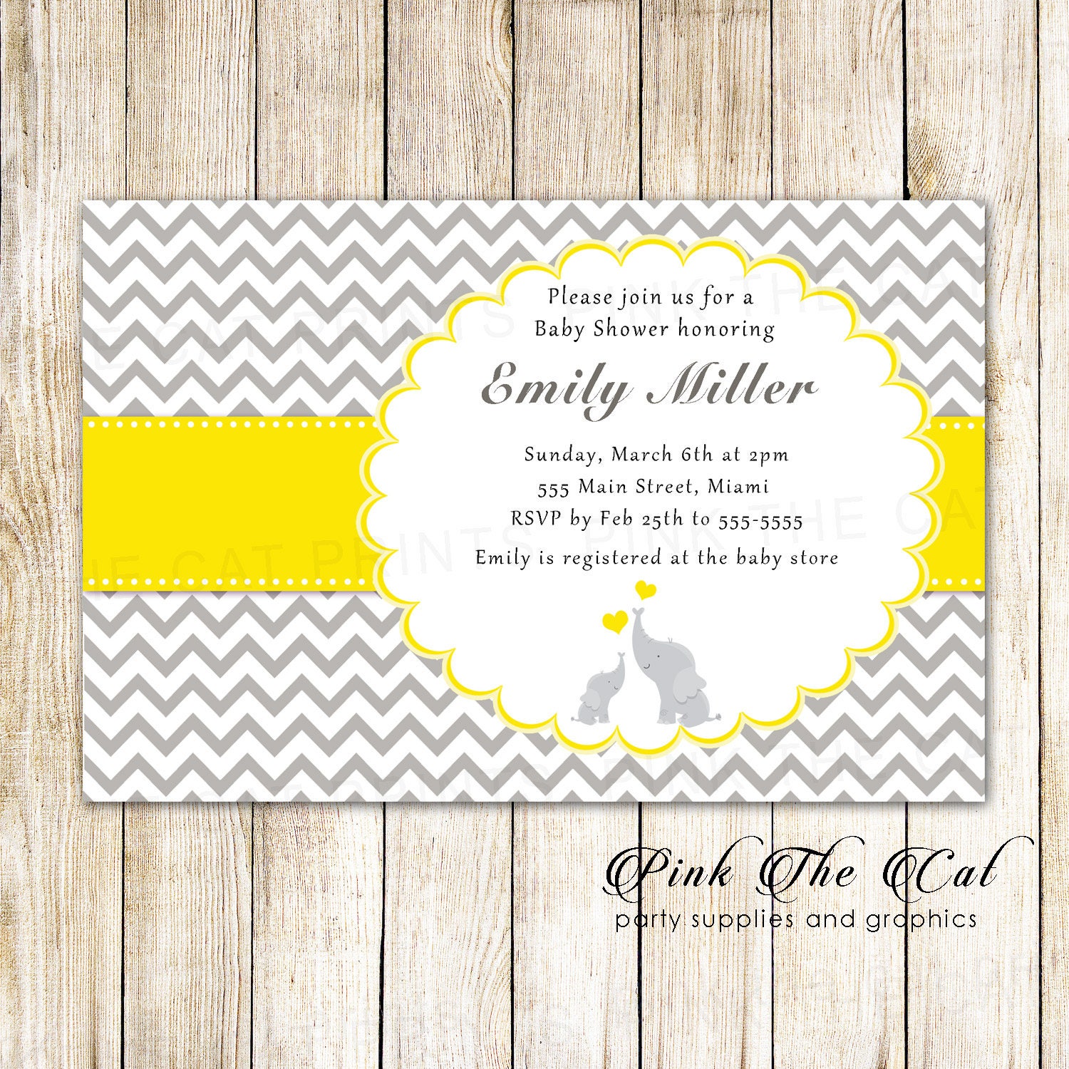 Elephant Baby Shower Yellow Invitation Printable Template Personalized